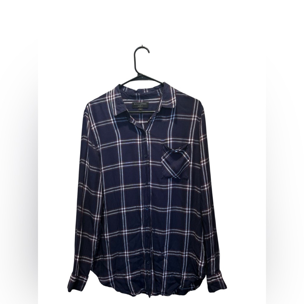 Banana Republic Boyfriend Fit Shirt Womens M Plaid Button Down Rayon Long Sleeve